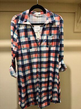 NWT Urban Girl XL Plaid Roll-Tab Button-Front Tunic Shirt Dress